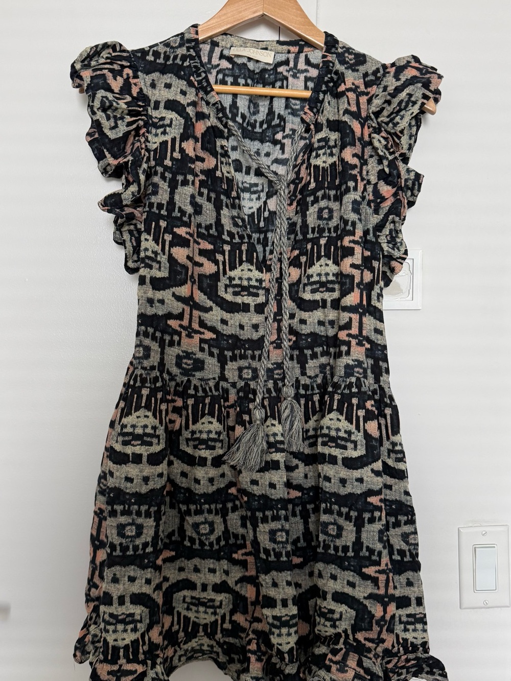 Ulla Johnson Black, Gray & Dusty Pink Printed Ruffle-Neck Top